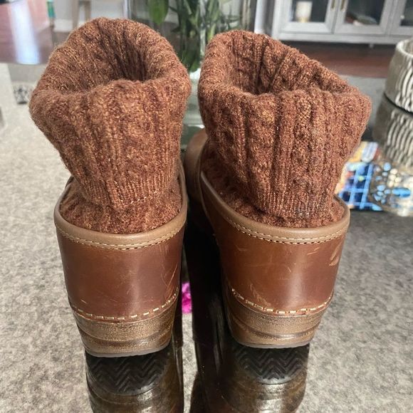 Dansko Chloe Clogs Brown 38 8 Leather w/Wool Cable Ankle Trim Unworn - Picture 7 of 8